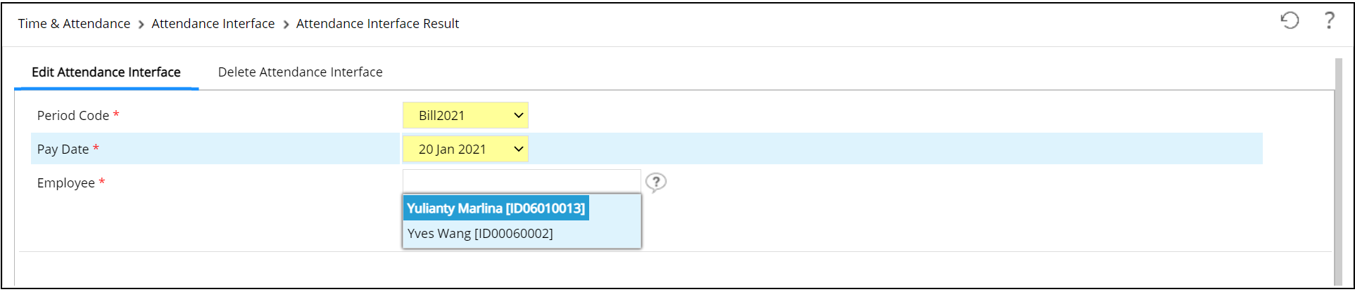 Attendance Interface Result Listing Page