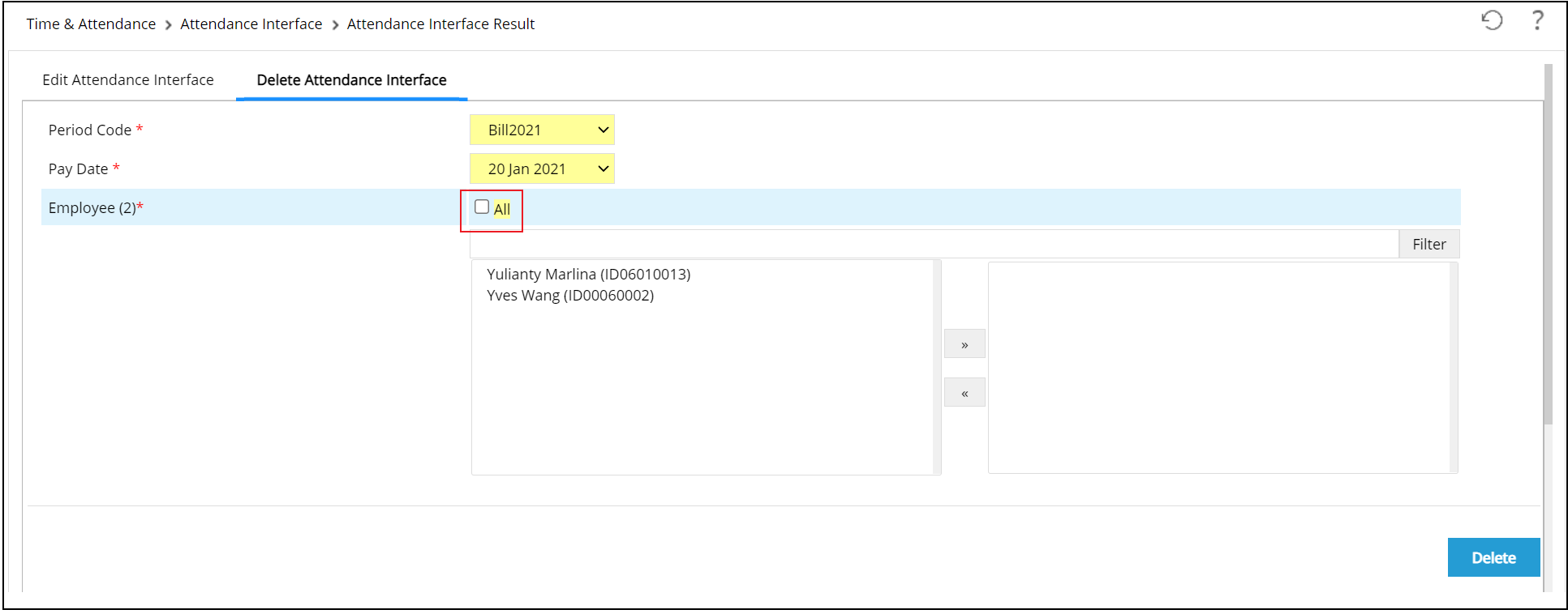 Attendance Interface Result Listing Page