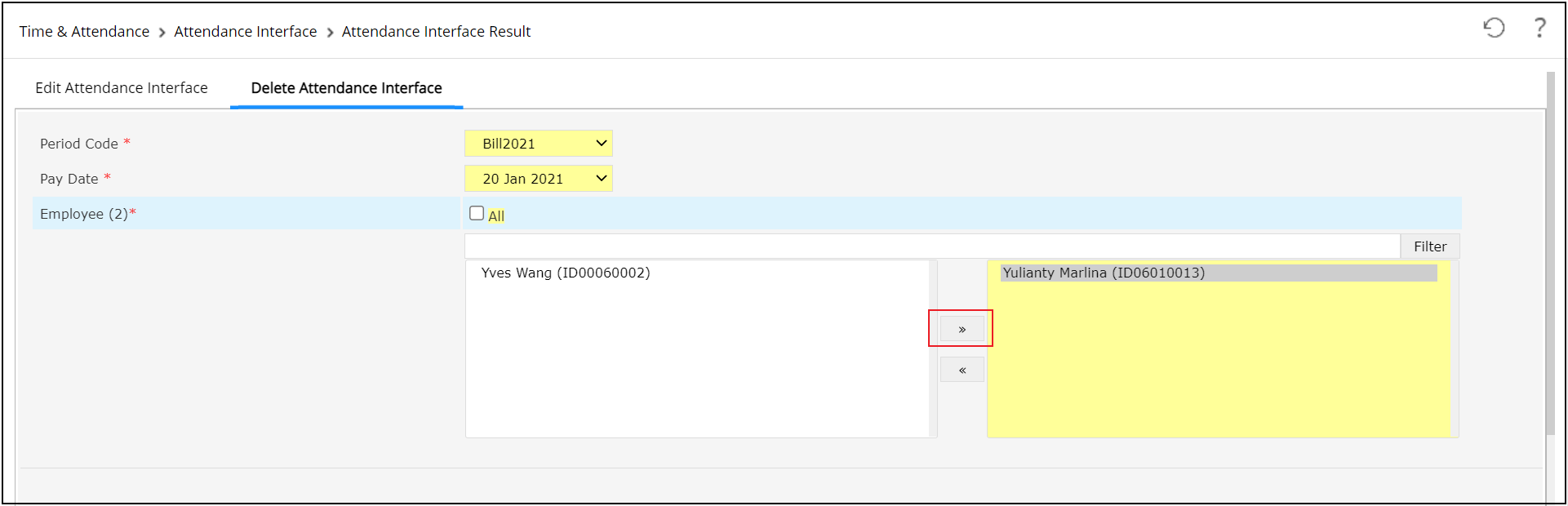 Attendance Interface Result Listing Page